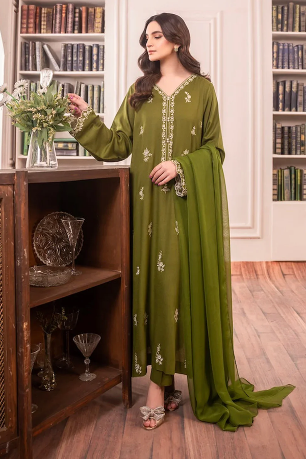 Lawn-3PC Embroidered Shirt with Chiffon Plain Dyed Dupatta-1198