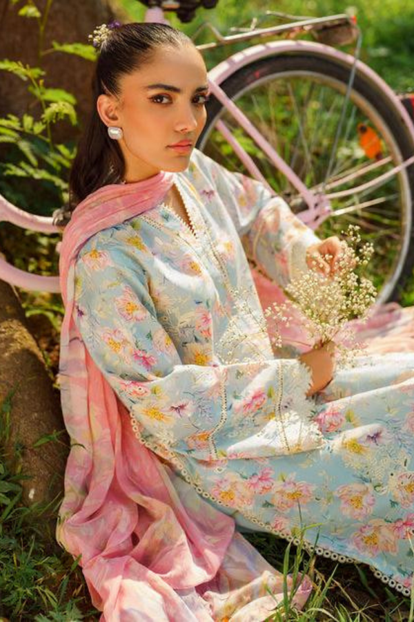 3PC-Printed Lawn Shirt With Voile Printed Dupatta-1548