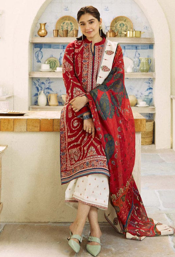 Zara Shahjahan | Red | 3 Piece Embroidered Lawn