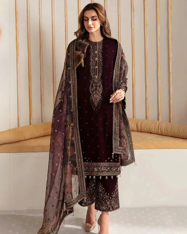 Velvet-3pc Embroidered with Organza Embroidered Dupatta-956