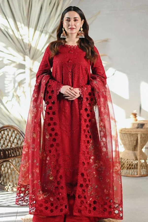 Qalamkar | Red | 3 Piece Embroidered Lawn