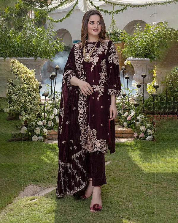 Velvet-3pc Embroidered with Organza Embroidered Dupatta-955